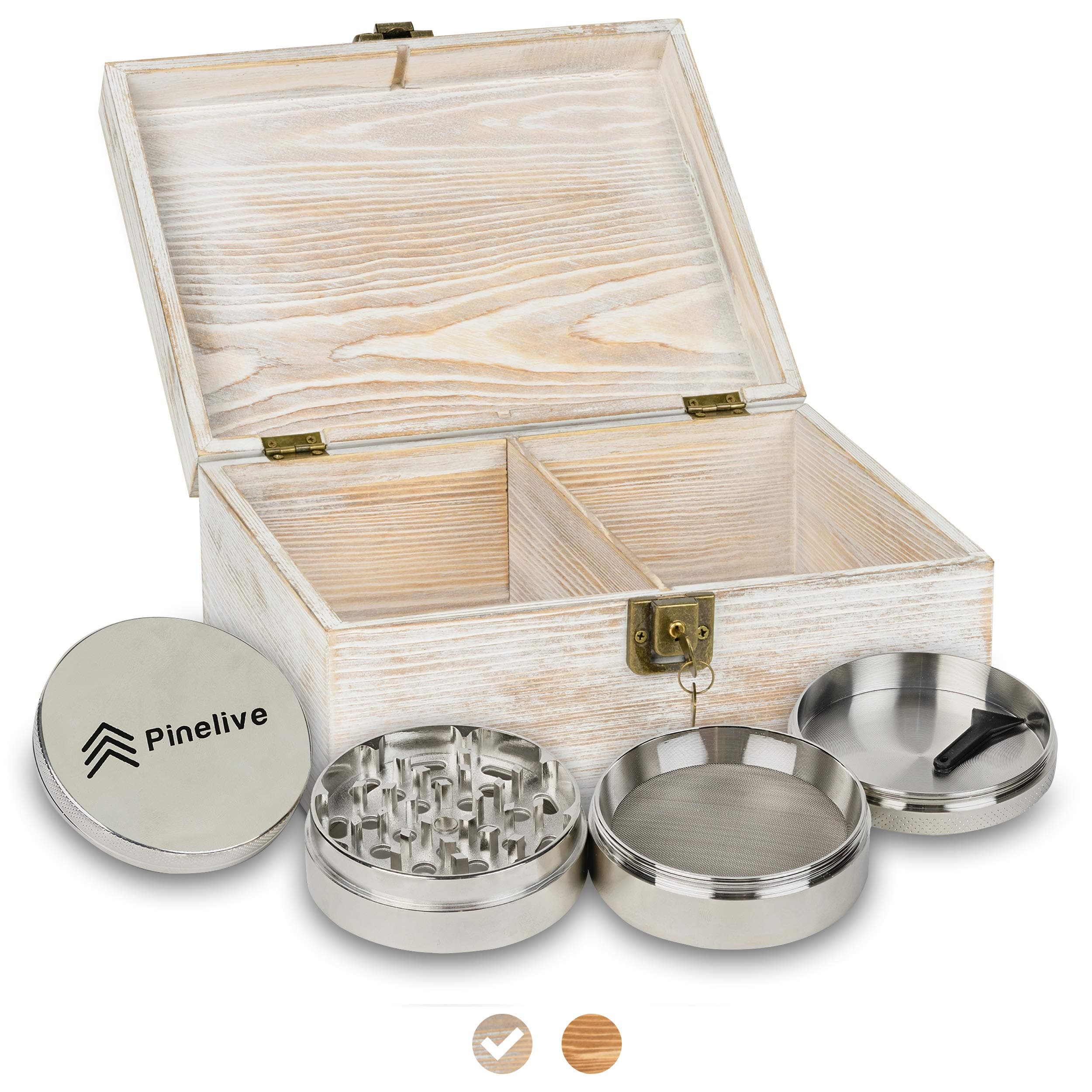 Pinelive Stash Box with Lock Kit - Stash Box Combo (Stash Box with Grinder 2.5”) Rustic Large Wood Box with Lid. Smoking Box for Tobacco Products, Raw Herb Box, Smoking Accessory (Rustic White, Large)