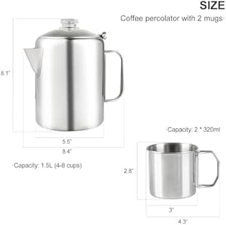 Coffee Percolator Bundle with 2 Mugs Stainless Steel Coffee Maker with Heat Resistant Tough Glass Knob & Foldable Handle Using on any Stovetop Outdoor Camping NO Aluminum NO Plastic (8 Cup)
