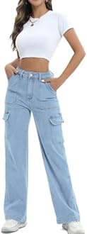 ETTELO Women Cargo Jeans High Waist Y2K Straight Leg Trendy Stretchy Lightweight Jeans for Women