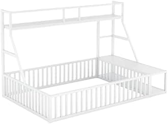 Japovker Full Toddler Floor Bed, Metal Montessori Floor Bed with Fence Kids Bedframe with Desk and Storage for Kids Boys Girls, No Box Spring Needed, Easy Assemble (Off White, Full)