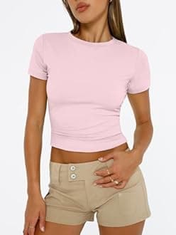 Trendy Queen Womens Short Sleeve T Shirts Summer Crop Tops Basic Slim Fit Gym Workout Y2k Clothes