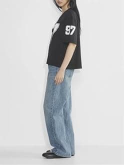 Oversized Jersey Shirts for Women Y2k Number Graphic Print V Neck Short Sleeve Aesthetic Summer T-Shirt Streetwear