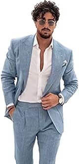 Wangyue Men's 2-Piece Linen Suit Casual Slim Fit Vintage Suits Groomsmen Tuxedos Wedding Summer Beach Blazer Pants Set