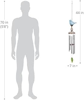 Exhart Wind Chimes, Solar Turquoise Glass Bird Wind Chime, LED, Outdoor Lawn and Yard Glass and Metal Decoration, 7 x 4 x 44 Inch