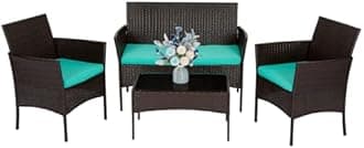 FDW 4 Pieces Patio Furniture Set Wicker Patio Conversation Set with Rattan Chair Loveseats Coffee Table for Outdoor Indoor Garden Backyard Porch Poolside Balcony,Brown Wicker/Blue Cushions