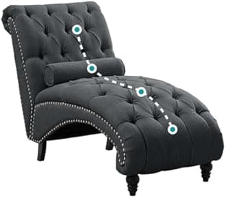 BALUS Button-Tufted Chaise Lounge Indoor, Linen Rivets Chair with Support Pillow and Solid Wood Legs, Armless Rolled Backrest Leisure Sofa Recliner for Living Room Bedroom Apartment,Dark Gray