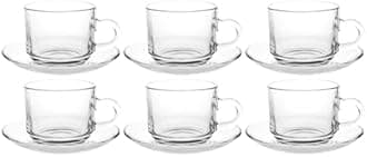 Premium Classic Glass Tea & Coffee Cup and Saucer - 220 ML for Transparent Espresso Cappuccino Cups and Saucer Set for Coffee, Green, Herbal, Lemon Tea More, (Hazel Set, 6 Cup and 6 Saucer)