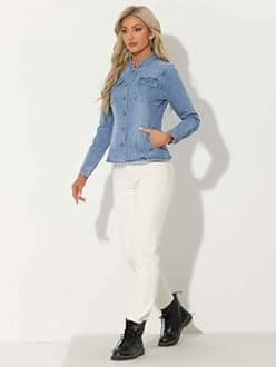 Allegra K Casual Denim Jacket for Women's Classic Stand Collar Long Sleeve Jean Jacket