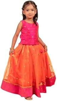 Stanwells Kids Orange and Magenta combo south indian Baby girls mirror work net Lehenga Choli set (3months to 8Years)