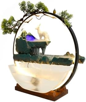 Tabletop Decoration Water Fountains Indoor Waterfall Fountains Humidifie with LED Light and Atomizer, Japanese Zen Decor for Meditation Fake Plants Bonsai Gift Feng Shui Decor