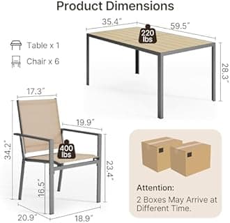 Ahomly Patio Table and Chairs Set for 6, Outdoor Dining Set Includes 59.5" Rectangle Patio Table with Side Umbrella Hole and 6 Textilene Fabric Patio Chairs for Backyard, Courtyard, Poolside, Brown