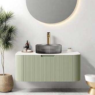 AmbroVania 36" Floating Bathroom Vanity with Sink, Wall Mounted Bathroom Cabinet with Ultra-Thin Round Transparent Glass Basin and Marble Top, Large Storage Drawer, No Assembly Required, Light Green