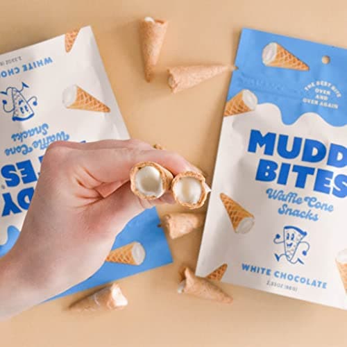 Muddy Bites Waffle Cone Snacks Bite Sized Chocolate Filled Waffle Cones for Snack or Dessert, Ice Cream Topping, Premium Chocolate made with Pure Cane Sugar, Kosher (White Chocolate, 5 Bags)