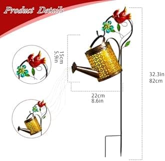 Solar Lights Outdoor, Solar Watering Can with Cascading Lights, Metal Watering Can with Cardinal Shepherd Hook, Solar Lantern Decor for Garden Yard Patio, Gardening Gifts for Women