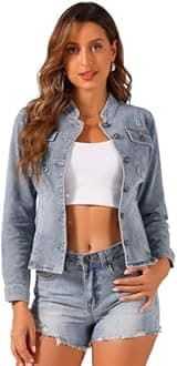 Allegra K Casual Denim Jacket for Women's Classic Stand Collar Long Sleeve Jean Jacket