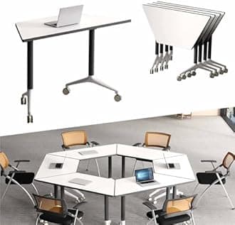 Foldable Conference Table, Flip Top Mobile Meeting Training Table, Modern Boardroom Desk with Silent Locking Wheels Foldable Trapezoid Seminar Desk for Office Conference, Meeting Room