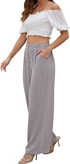 SVALIY Women Flowy Pants Cotton Linen Wide Leg Palazzo Pants Long Lounge Slacks High Waist Button Trousers Pocket