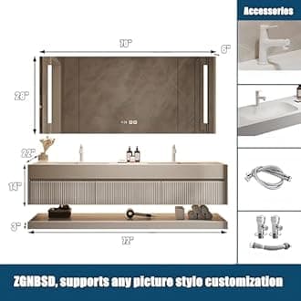 Double Sink Bathroom Vanity - Solid Wood Bathroom Vanity with Smart Defog Mirror ＆ Light, Floating Double Sink Cabinet with Abundant Storage Space (72IN)