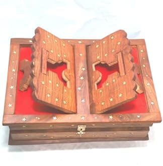 Handmade Wooden Holy Book Stand for Reading - Geeta Stand Fordable Rehal Holy Books Book Box | Quran Sharif Granth Pooja Bhagwat Ramayan Holder Rihal Bible Gita Ramayanam with Small Box
