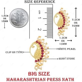VAMA These Marathi Maharashtrian Nath Gold Plated Crystal Stone White Pearl Paisley Design Clip on Without Piercing For Women & Girls.