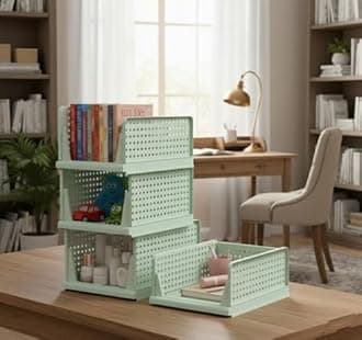 MECHDEL | Wardrobe Organizer For Clothes | Cupboard Organizer | Foldable Shirt Stacker Box | Cloth Box for Almirah | Closet Storage Basket |Plastic Stackable Closet Organizer (Pista Green, 4PCS)
