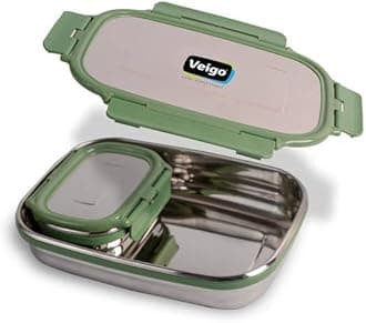 Veigo Jumbo Stainless Steel Lunch Box with Small Veg Box (950ml + 180ml)| Leakproof, Airtight & Durable Design with Detachable Clips | Ideal for School Kids | Office Tiffin| Military Green
