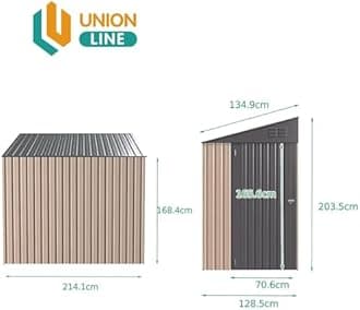 UNIONLINE 4x7 ft Lean to Storage Metal Shed | Garden Tool | 214x130m x203cm | Waterproof | 2.6m² 4.6m³ | Lockable Door | Bike Shed for Backyard Patio | Garbage Can | Grey