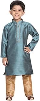 JBN Creation Boys' Full Sleeve Silk Blend Kurta Pyjama Set with Mandarin Collar, Featuring Ethnic Motifs, Self-Design, and Embellishments - Perfect for Festivals and Special Occasions