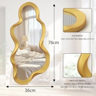 Large Asymmetrical Mirror Irregular Wood Frame Modern Unique Wall-Mounted Artistic Wavy Mirrors Decor Bathroom Vanity Bedroom Living Room Entryway Hallway 76x36cm