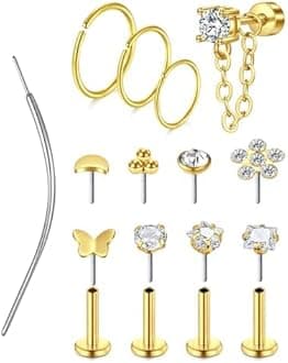 MODRSA 20g 16g Cartilage Earrings for Women Silver Gold Helix Piercing Jewelry Surgical Steel Hypoallergenic Flat Back Earrings Cartilage Hoop for Women Forward Helix Earring Tragus Jewelry Screw Back