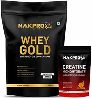 Nakpro Gold 100% Whey Protein Concentrate, 1 Kg Unflavoured with 100g Creatine - Tangy Orange | Easy Mixing, Low Carbs, Easy Digesting Whey Protein Supplement Powder (Combo Pack)