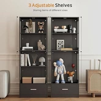 Glass Display Cabinet with Doors - Curio Cabinet with Dynamic LED Lights for Collectibles, 67" Display Case with 4 Tier and Drawer for Figure, Toys, Books, Black(Narrow)