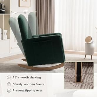 FOXHUNTER Rocking Chair Nursery,Glider Chair with Adjustable Footrest and High Backrest, Modern Glider Rocker Chair for Nursery with Side Pockets, Teddy Rocking Chair Indoor for Living Room, Green
