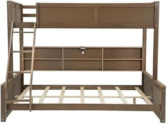 Wood Bunk Bed Twin XL Over Queen Size with Built-in Storage Cabinets and USB Ports, Versatile Bunk Bed Frame with Ladder and Guardrail for Kids Teens Adult, Maximize Space (Wood-T-Q)