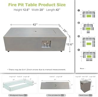 2-Piece 42" LED Rectangular Propane Fire Pit for Outside Patio with Hidden Tank Table, 50,000 BTU Fireplaces with Glass Wind Guard, Lid, Glass Rocks, Cover(Grey w/Warm Light)