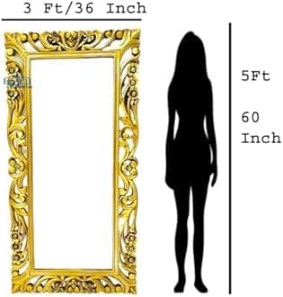 Wooden Carved Decorative Wall Mirror Frame in Solid Mango Wood Without Mirror (Size 5 * 3 FT) (Antique Gold)