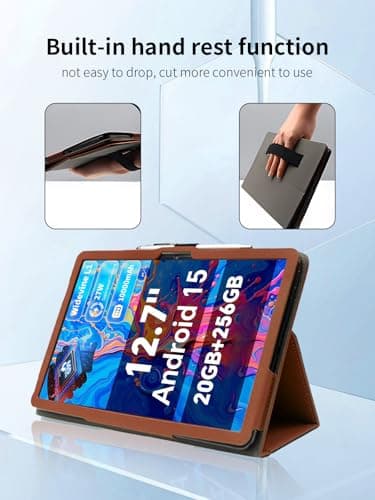 Case for TECLAST ArtPad Pro Tablet 12.7 inch Android 15 Tablets,UYRUREL Leather Slim Folding Stand Cover with Hand Strap Magnet for Men Women Full Protection,Brown.