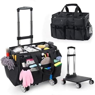 Rolling Cleaning Caddy Bag with Detachable Trolley, Multi-Functional Portable Cleaning Cart Supplies Organizer for Housekeeping and Domestic Cleaning, Cleaning Caddy with Wheels, Black