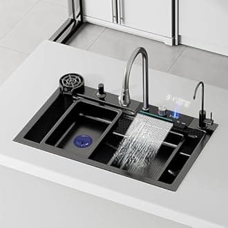 Stainless Steel Kitchen Sink with LED Display, Waterfall Design, Easy Installation, Includes Accessories, Installation Video (75 x 45 x 22 cm)