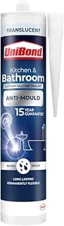 UniBond Stop Mould Silicone Sealant for Kitchen & Bathrooms, Translucent, Repels, Kills and Prevents Mould Growth, Long-Lasting Shower Protection, 1x274g Cartridge