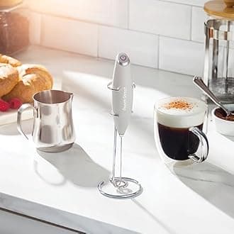 Powerful Handheld Milk Frother, Mini Milk Foamer, Battery Operated Stainless Steel Drink Mixer with Frother Stand