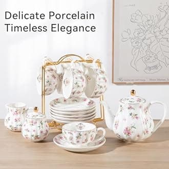 Porcelain Tea Sets British Royal Series, 8 OZ Cups & Saucer Service for 6, with Teapot Sugar Bowl Cream Pitcher Teaspoons and Tea Strainer, Suitable for High Tea, Wedding, Party（Spring Flowers）