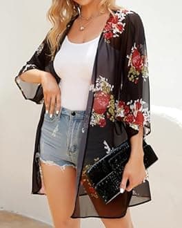 Women's Floral Print Puff Sleeve Kimono Cardigan Loose Cover Up Casual Blouse Tops