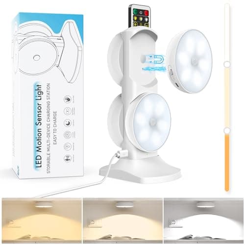 Motion Sensor Puck Step Lights with Charging Station, 3 Colors USB Rechargeable LED Closet Light, Dimmable Under Cabinet Lighting, Stick-on Lights (4 Pack)