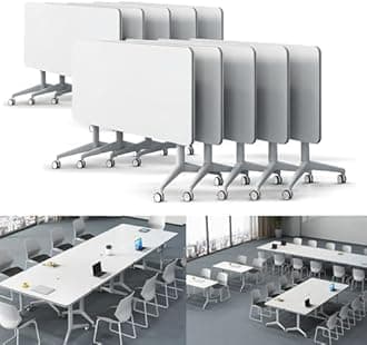 Folding Conference Table Modern Large Mobile Meeting Table Rolling Conference Room Tables with Wheels Seminar Tables for Office Training Classroom (10, White, 63" D X 19.7" W X 29.5" H)