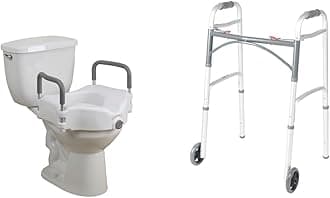 Drive Medical RTL12027RA 2-in-1 Raised Toilet Seat with Removable Padded Arms & 10210-1 2-Button Folding Walker with Wheels, Rolling Walker, Front Wheel Walker
