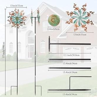 Viveta Wind Spinners Outdoor, Metal Wind Sculptures for Yard and Garden,13 * 57 "Double Windmill with Stable Stake