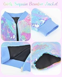 OlyPegic Girls Sequin Jacket Sparkly Glitter Bomber Kids Outwear with Pockets Zipper Coat Long Sleeve Jackets 4-12T