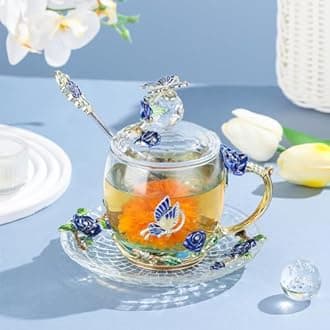 Coffee Mug Blue Teacup with Lid Saucer Christmas Birthday Gift Women Friend Mother's Valentine's Day Rose Butterfly Cup Wedding Anniversary (Blue Short)