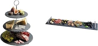 Artesà Three Tier Slate Cake Stand Serving Set, Cake Standing Set, 28.5x34.5cm, Gift Boxed & Tableware, Slate Serving Platter With Brushed Metal Handles, 60 x 15cm, With Gift Box
